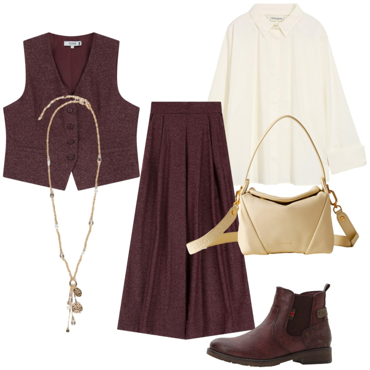 Outfit donna - Il Gilet in autunno. Stile Trendy per Tutti i giorni. Abbinamento con stivaletti chelsea, bluse, pantaloni a palazzo, gilet, borse a spalla, ciondoli.