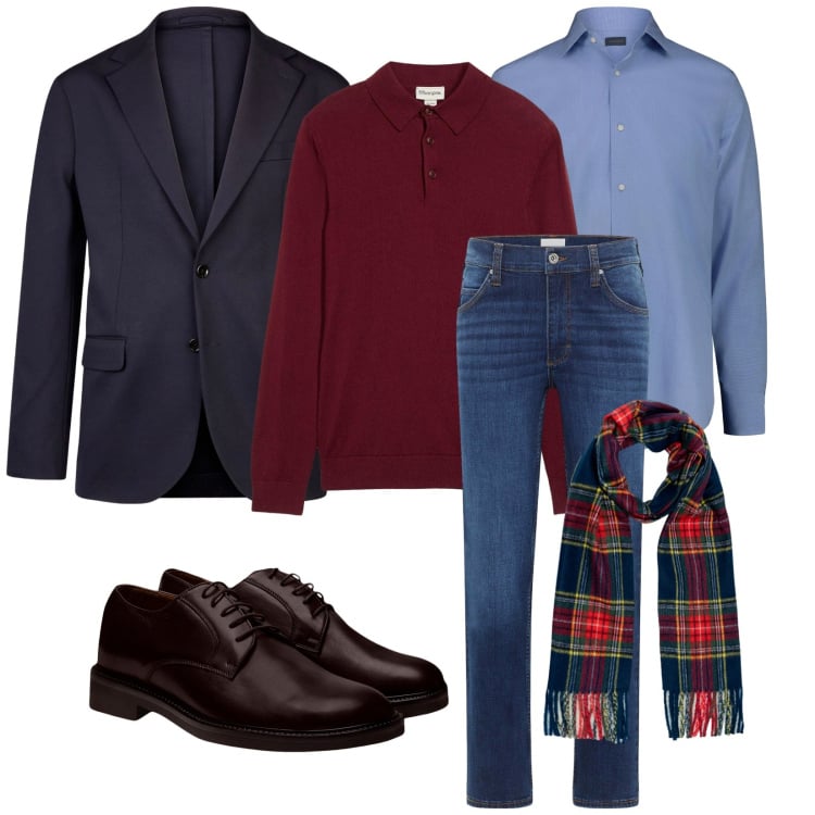 Outfit uomo - In pizzeria. Stile Casual per Serata speciale. Abbinamento con maglieria, jeans dritti, scarpe stringate, giacche, sciarpe, camicie.