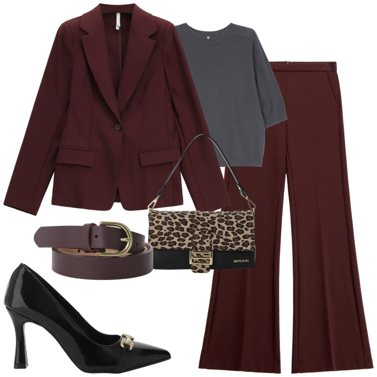 Outfit donna - City. Stile Trendy per Tutti i giorni. Abbinamento con pantaloni, blazer, borse a spalla, décolleté, maglieria, cinture.