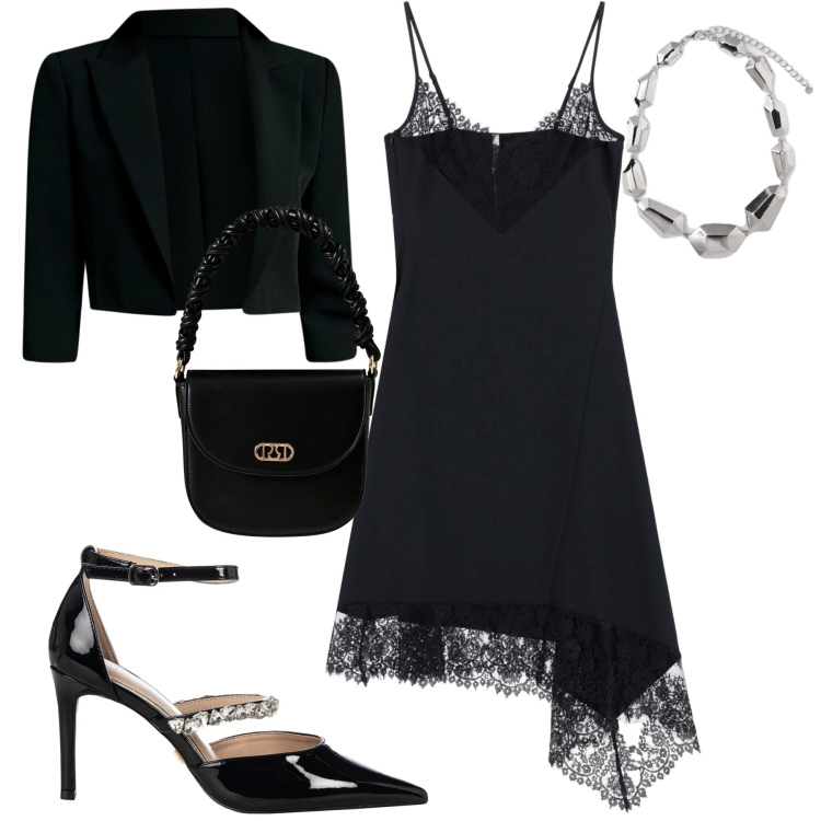 Outfit donna - Serata. Stile Chic per Serata fuori. Abbinamento con bolero, borse a mano, décolleté, vestiti asimmetrici, ciondoli.