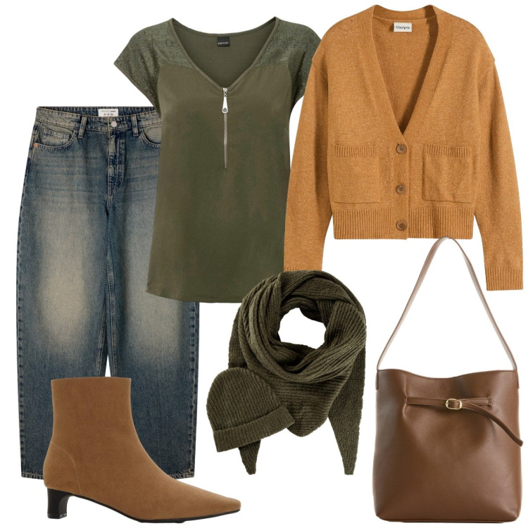 Outfit donna - Esco a fare la spesa. Stile Basic per Tutti i giorni. Abbinamento con cardigans, t-shirt, sciarpe, borse a mano, stivaletti, jeans.