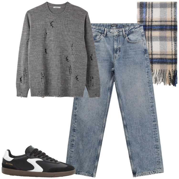 Outfit uomo - Ottobre. Stile Casual per Tutti i giorni. Abbinamento con sneakers, maglieria, jeans dritti, sciarpe.