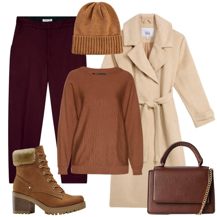 Outfit donna - Ufficio. Stile Basic per Ufficio. Abbinamento con maglieria, stivaletti, cappotti, berretti, borse a tracolla, pantaloni chino.
