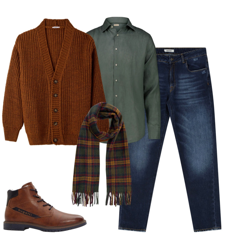 Outfit uomo - Fall. Stile Urban per Tutti i giorni. Abbinamento con stivali e stivaletti, cardigans, jeans dritti, camicie, sciarpe.
