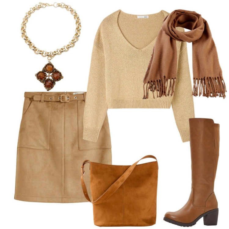 Outfit donna - Ufficio. Stile Basic per Ufficio. Abbinamento con stivali, gonne, sciarpe, borse a mano, maglieria, collane.