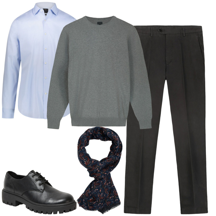 Outfit uomo - City. Stile Business/Elegante per Tutti i giorni. Abbinamento con scarpe stringate, camicie, maglieria, pantaloni chino, sciarpe.