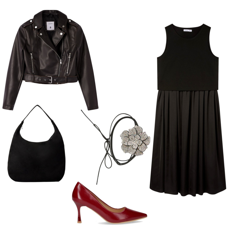 Outfit donna - Serata rock. Stile Casual chic per Serata fuori. Abbinamento con giacche, collane, borse a mano, vestiti midi/longuette, décolleté.