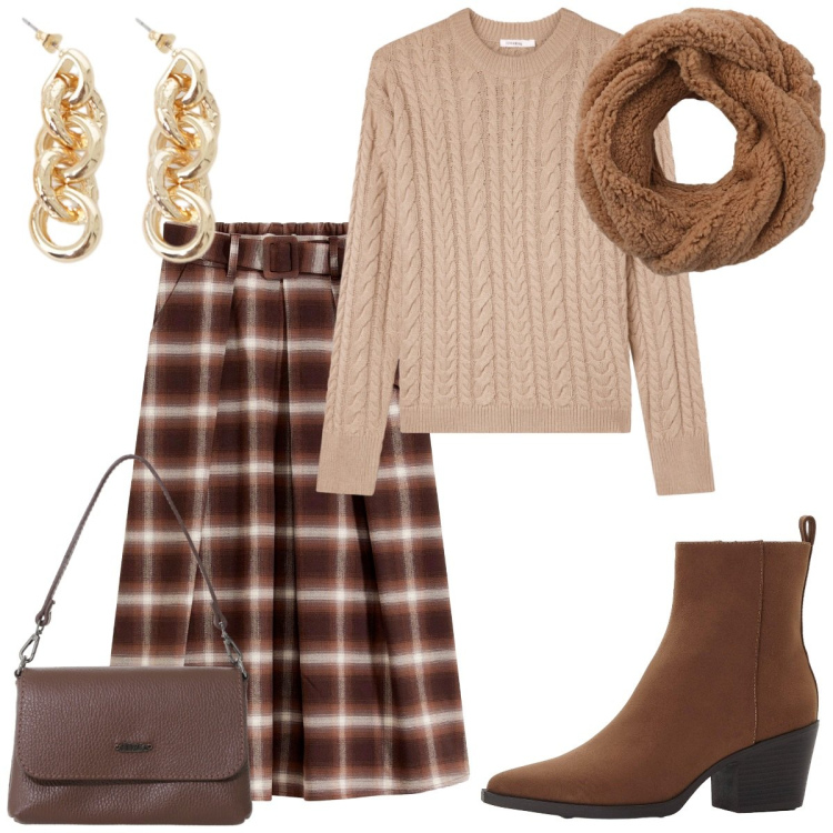Outfit donna - La gonna a quadri. Stile Basic per Tutti i giorni. Abbinamento con stivaletti texani, gonne, sciarpe, maglieria, borse a tracolla, orecchini.