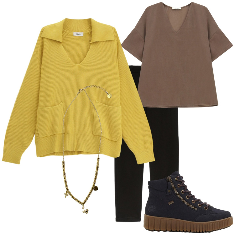 Outfit donna - Casual autunno. Stile Casual per Tutti i giorni. Abbinamento con sneakers alte, maglieria, camicie a manica corta, ciondoli, pantaloni.