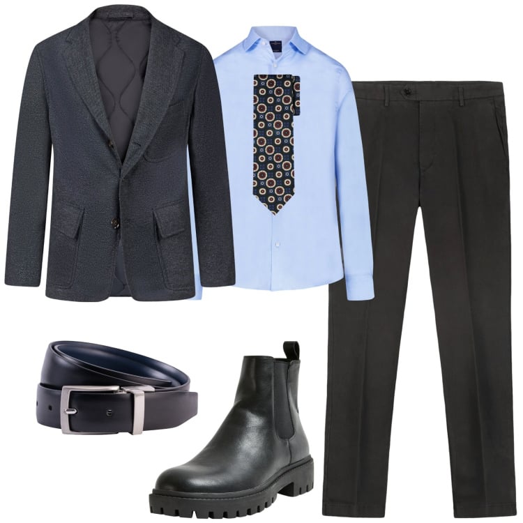 Outfit uomo - Business time. Stile Business/Elegante per Tutti i giorni. Abbinamento con stivali e stivaletti, camicie, giacche, cinture, pantaloni chino, cravatte.