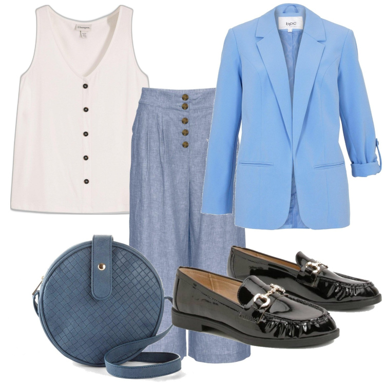 Outfit femme - Casual #11902. Style Casual pour Tous les jours. Assortir avec jupe-culotte, sacs en bandoulière, hauts, blazers, mocassins.