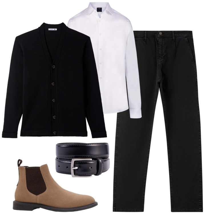 Outfit uomo - I chinos neri. Stile Urban per Tutti i giorni. Abbinamento con stivali e stivaletti, cardigans, pantaloni chino, camicie, cinture.