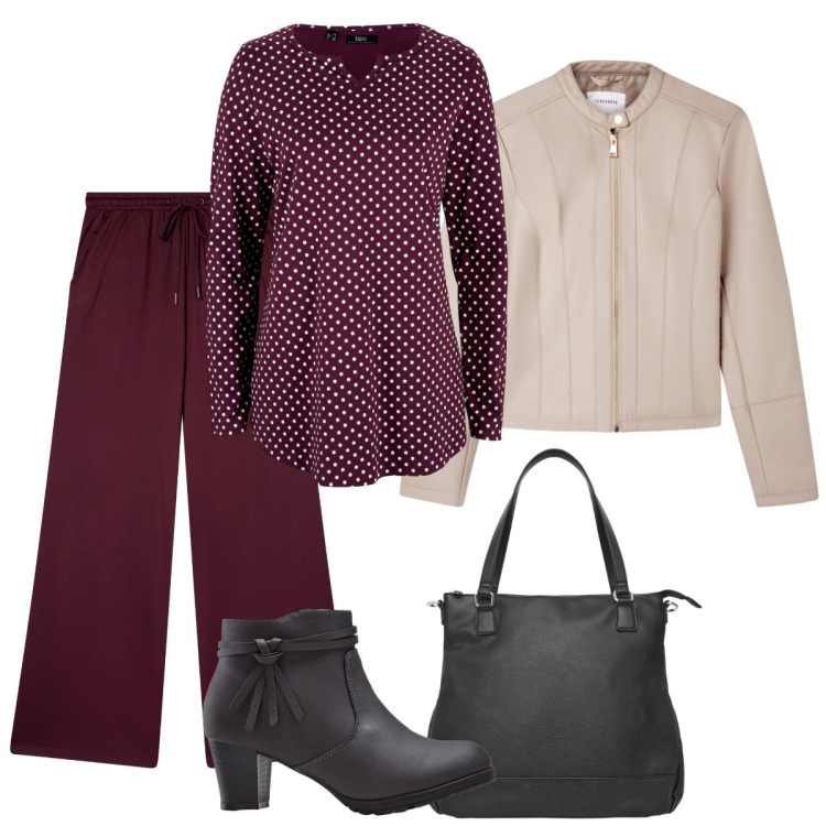 Outfit donna - Pois. Stile Basic per Tutti i giorni. Abbinamento con maglieria, stivaletti, giacche, shopping bag, pantaloni.