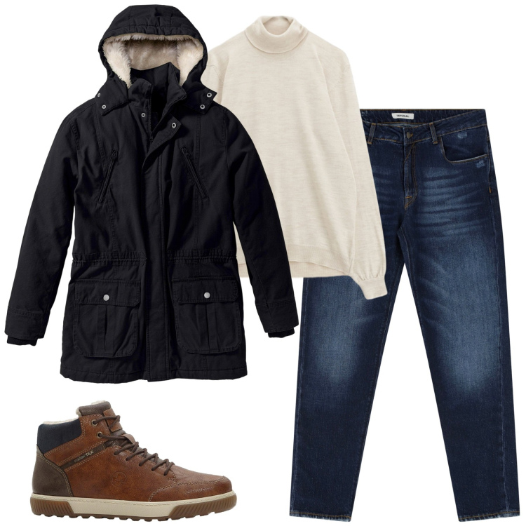 Outfit uomo - Giornate di pioggia. Stile Urban per Tutti i giorni. Abbinamento con parka, sneakers alte, jeans dritti, maglieria.