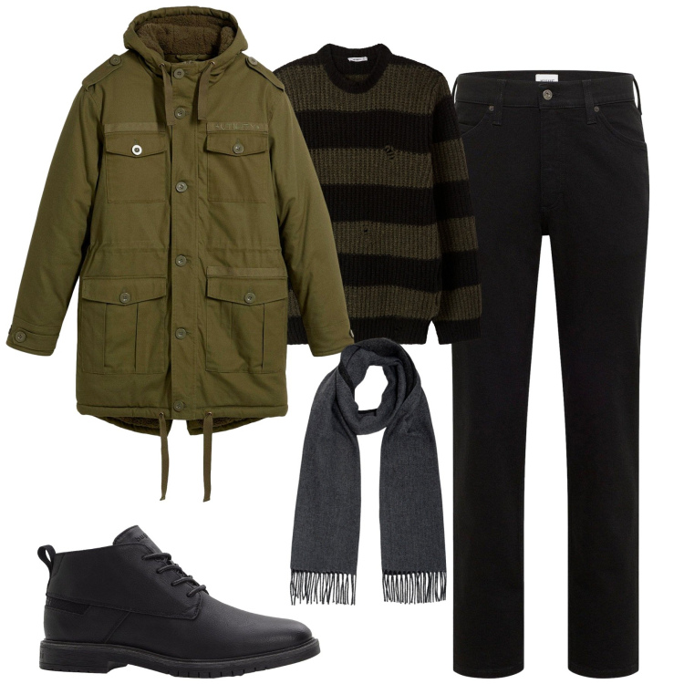 Outfit uomo - Il parka per la pioggia. Stile Urban per Tutti i giorni. Abbinamento con jeans dritti, parka, stivali e stivaletti, maglieria, sciarpe.