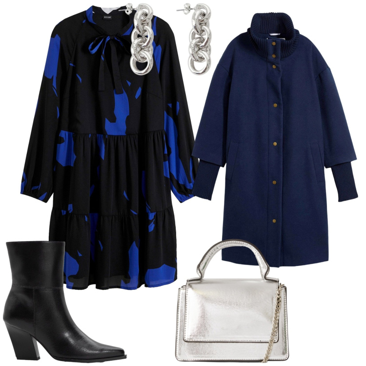 Outfit donna - Cena tra amici. per Serata fuori. Abbinamento con cappotti, vestiti, stivaletti, borse a tracolla, orecchini.