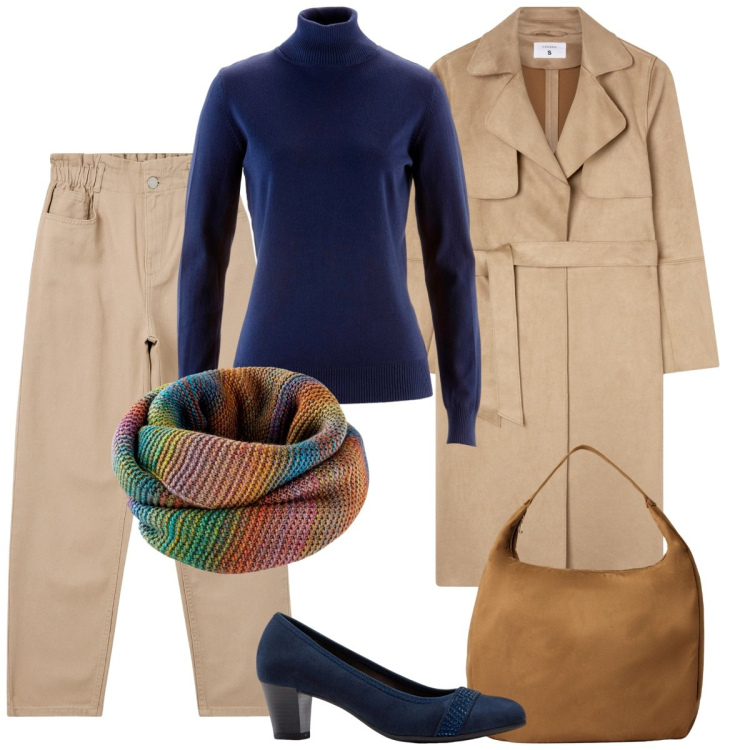Outfit donna - Pomeriggio con le amiche. Stile Basic per Serata fuori. Abbinamento con maglieria, décolleté, foulard, pantaloni, borse a mano, trench.