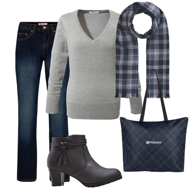 Outfit donna - Il pullover scollo a V. Stile Basic per Tutti i giorni. Abbinamento con jeans dritti, maglieria, stivaletti, sciarpe, shopping bag.