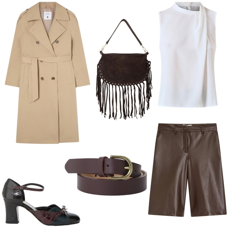 Outfit donna - Cioco-shorts. Stile Glamour per Ufficio. Abbinamento con bermuda, trench, décolleté, borse a tracolla, cinture, top.