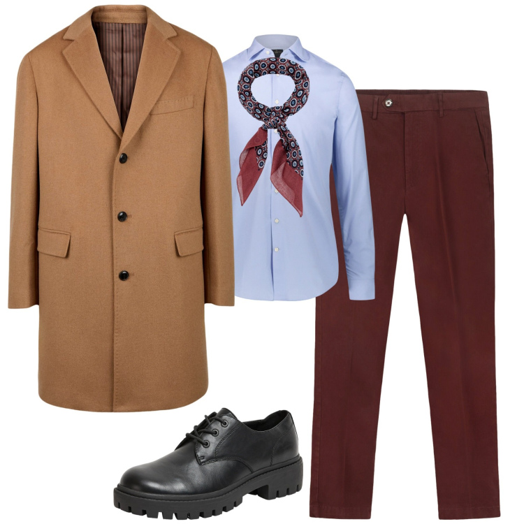 Outfit uomo - Il cappotto cammello indispensabile. Stile Business/Elegante per Tutti i giorni. Abbinamento con scarpe stringate, camicie, cappotti, pantaloni chino, sciarpe e foulard.