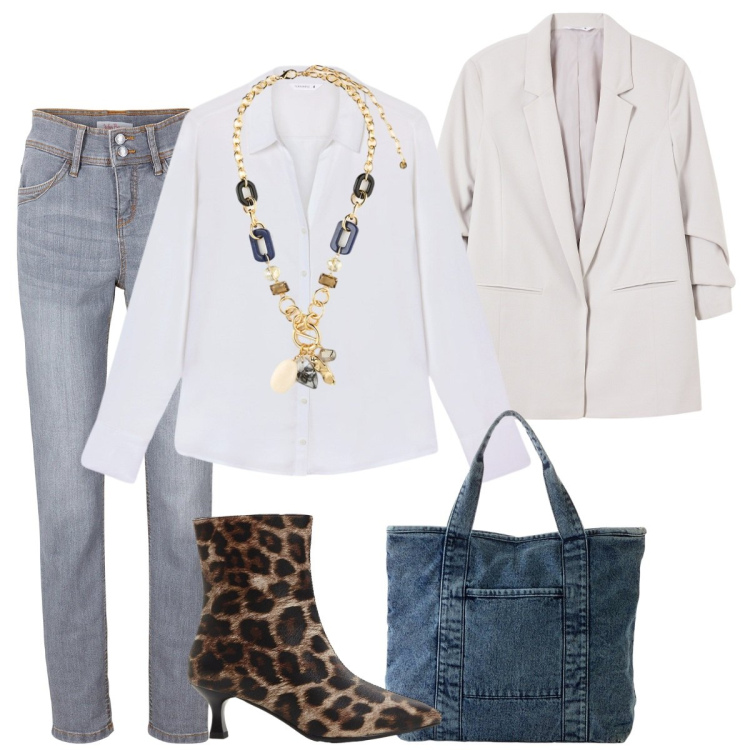 Outfit donna - Un tocco animalier. Stile Basic per Tutti i giorni. Abbinamento con jeans slim fit, shopping bag, stivaletti, blazer, camicie, collane.