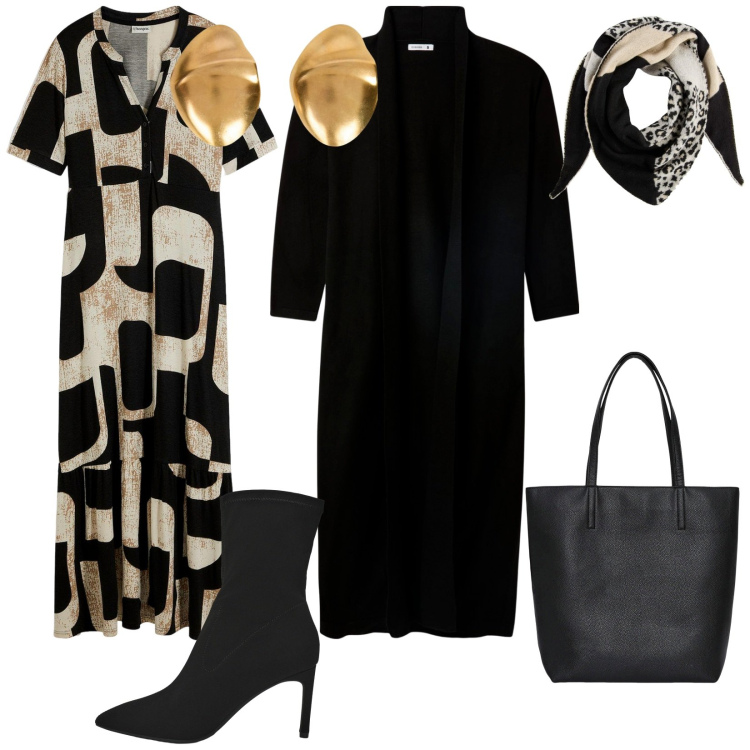 Outfit donna - In ufficio così. per Ufficio. Abbinamento con vestiti lunghi, foulard, cardigans, borse tote, stivali, orecchini.