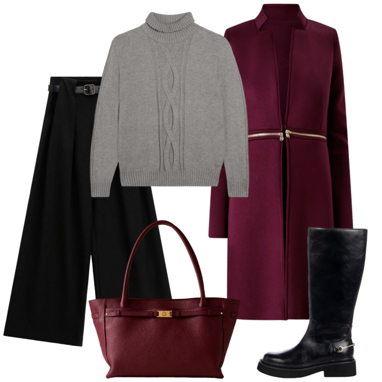 Outfit donna - Serata fuori. Stile Basic per Serata fuori. Abbinamento con cappotti, stivali sopra il ginocchio, maglieria, pantaloni a palazzo, shopping bag.