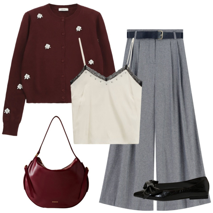 Outfit donna - Si esce. Stile Basic per Serata fuori. Abbinamento con top, cardigans, borse a spalla, ballerine, pantaloni a palazzo.