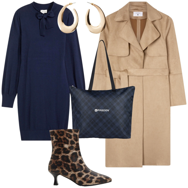 Outfit donna - Pratica in città. per Tutti i giorni. Abbinamento con orecchini, stivaletti, vestiti, trench, shopping bag.