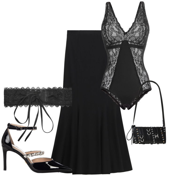 Outfit donna - Glamour per la notte dí halloween. Stile Glamour per Serata fuori. Abbinamento con body, cinture, borse a spalla, décolleté, gonne lunghe.