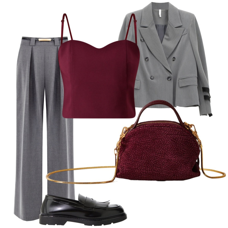 Outfit donna - Cena di lavoro. Stile Basic per Ufficio. Abbinamento con mocassini, borse a mano, pantaloni a palazzo, top, blazer.