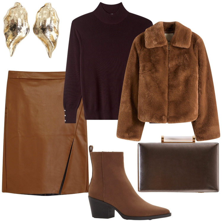 Outfit donna - Aperitivo in cioccolato. per Serata fuori. Abbinamento con stivaletti texani, gonne longuette, ecopellicce, pullovers, orecchini, clutch.