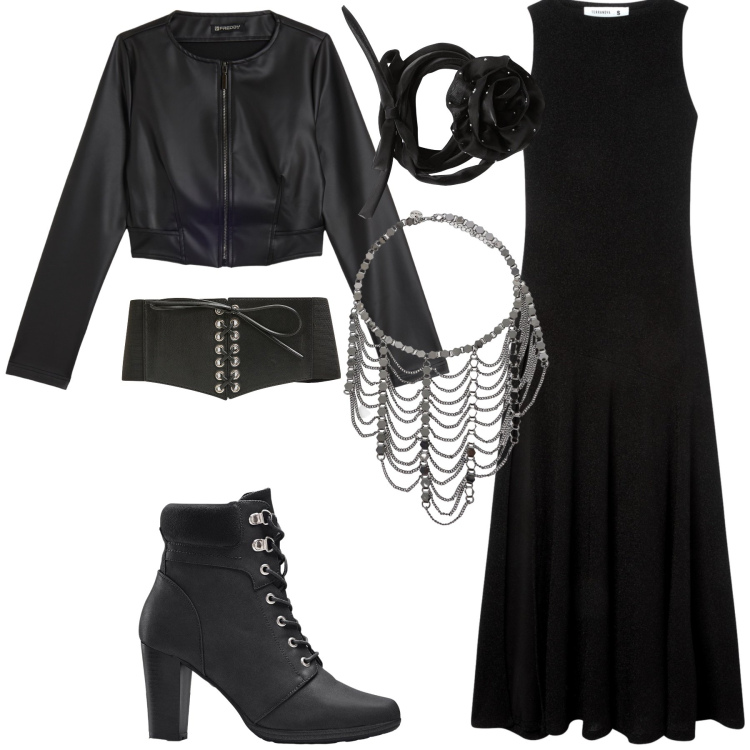 Outfit donna - Dolcetto o scherzetto?. Stile Glamour per Serata fuori. Abbinamento con stivaletti, cinture, collane, vestiti lunghi, collane, giacche.