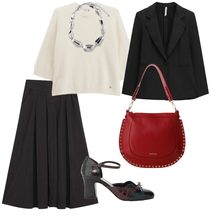 Outfit donna - Il classico. per Tutti i giorni. Abbinamento con gonne longuette, pullovers, décolleté, blazer, borse a spalla, ciondoli.
