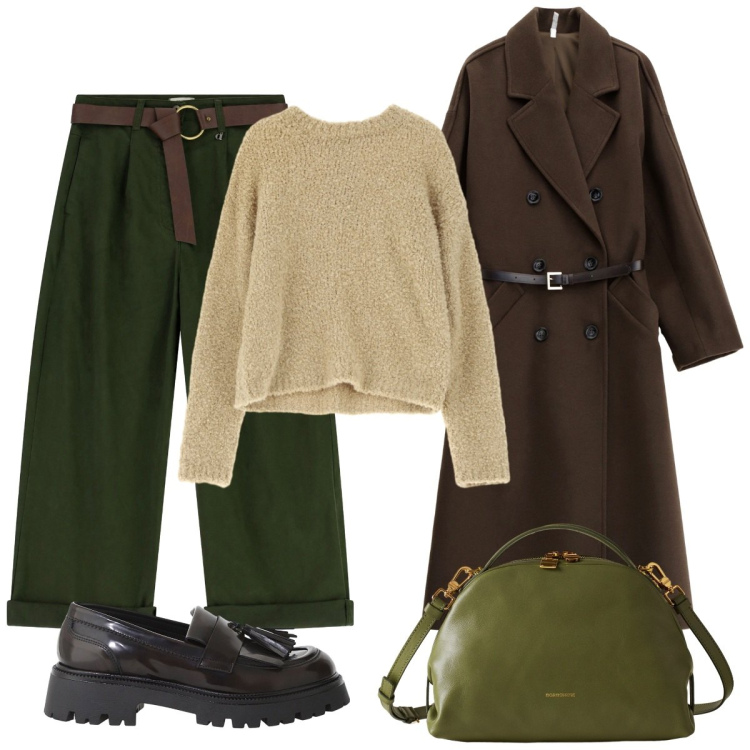 Outfit donna - La mia borsa verde. Stile Basic per Tutti i giorni. Abbinamento con cappotti, pantaloni, mocassini, pullovers, borse a mano.