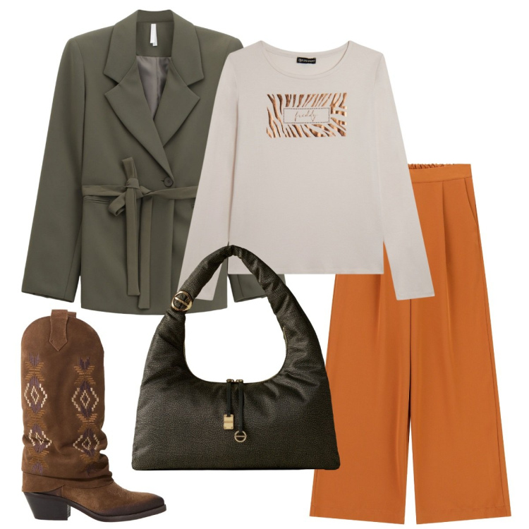 Outfit donna - Tutti i giorni. Stile Basic per Tutti i giorni. Abbinamento con t-shirt, blazer, pantaloni a palazzo, stivali, borse a spalla.