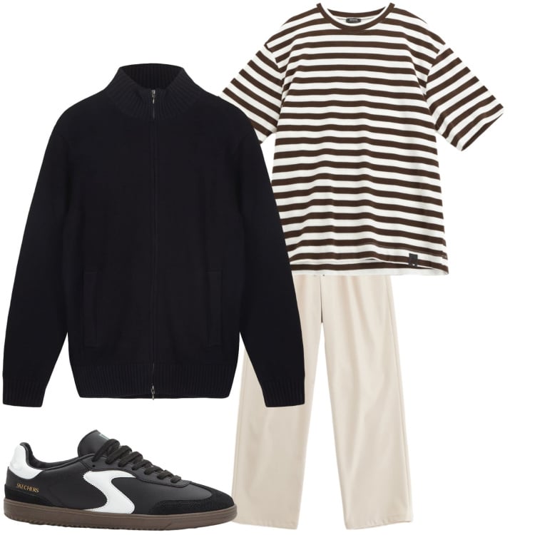 Outfit uomo - Total look #2269853. Stile Casual per Tutti i giorni. Abbinamento con sneakers, t-shirt, pantaloni, cardigans.