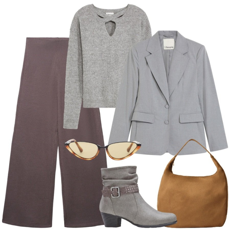 Outfit donna - Fine ottobre. Stile Chic per Tutti i giorni. Abbinamento con maglieria, stivaletti, blazer, pantaloni, borse a mano, occhiali da sole.