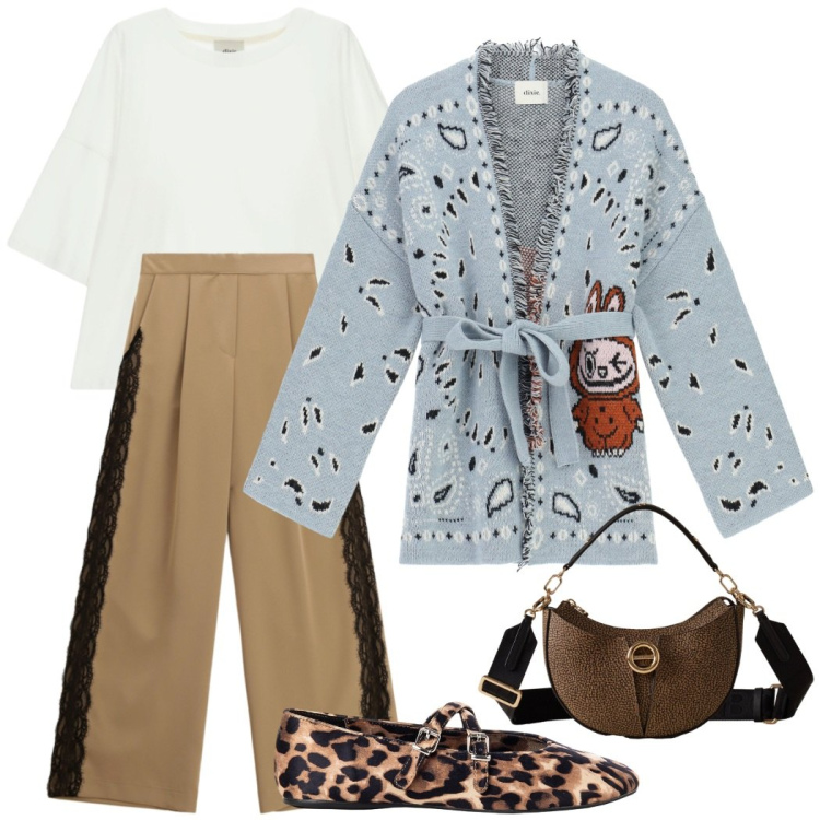 Outfit donna - Il cardigan a contrasto. Stile Casual chic per Tutti i giorni. Abbinamento con borse a spalla, ballerine, cardigans, pantaloni a palazzo, t-shirt.