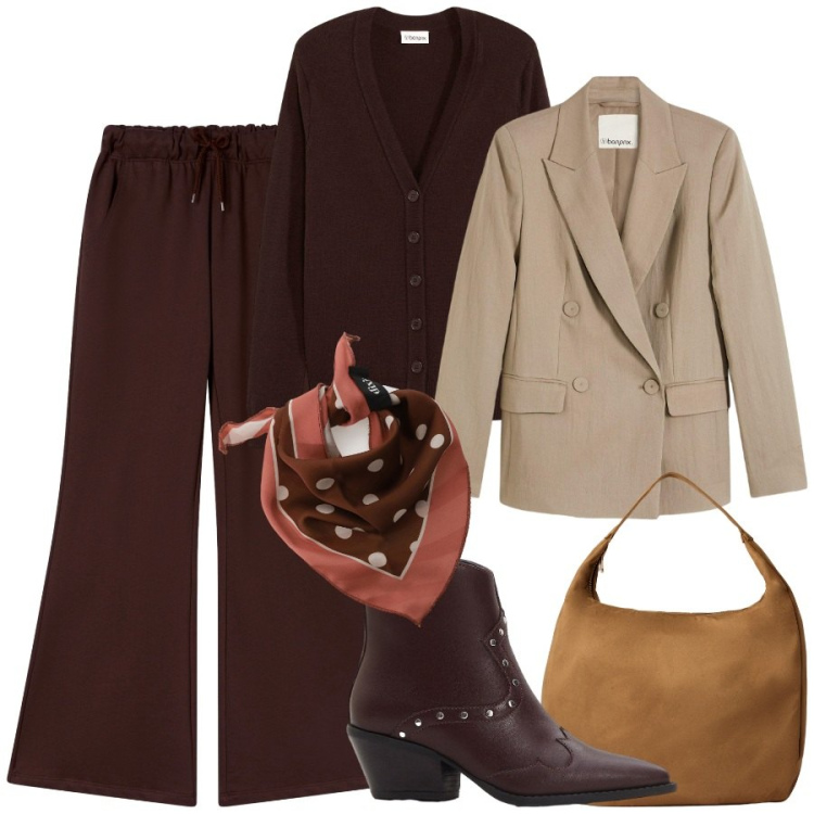 Outfit donna - Fine ottobre. Stile Chic per Tutti i giorni. Abbinamento con blazer, cardigans, stivaletti texani, borse a mano, pantaloni, foulard.