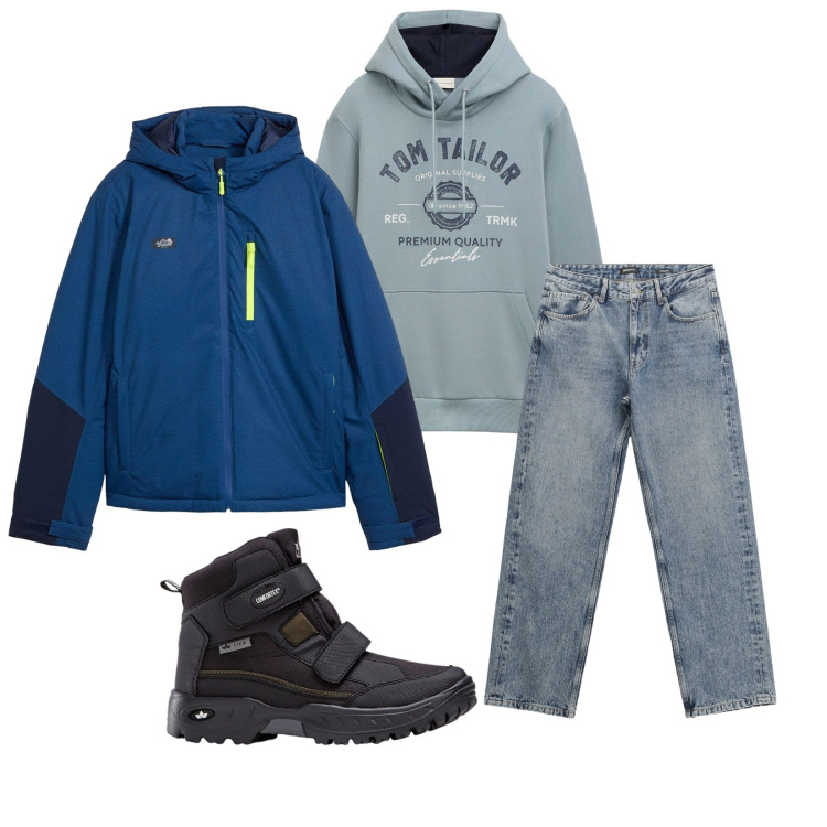 Outfit uomo - Total look #2269861. Stile Trendy per Tutti i giorni. Abbinamento con stivali e stivaletti, felpe con cappuccio, giacche, jeans dritti.