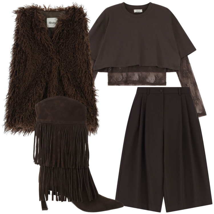 Outfit donna - Dolce cioccolato. Stile Glamour per Serata fuori. Abbinamento con shorts, top, stivali, gilet.