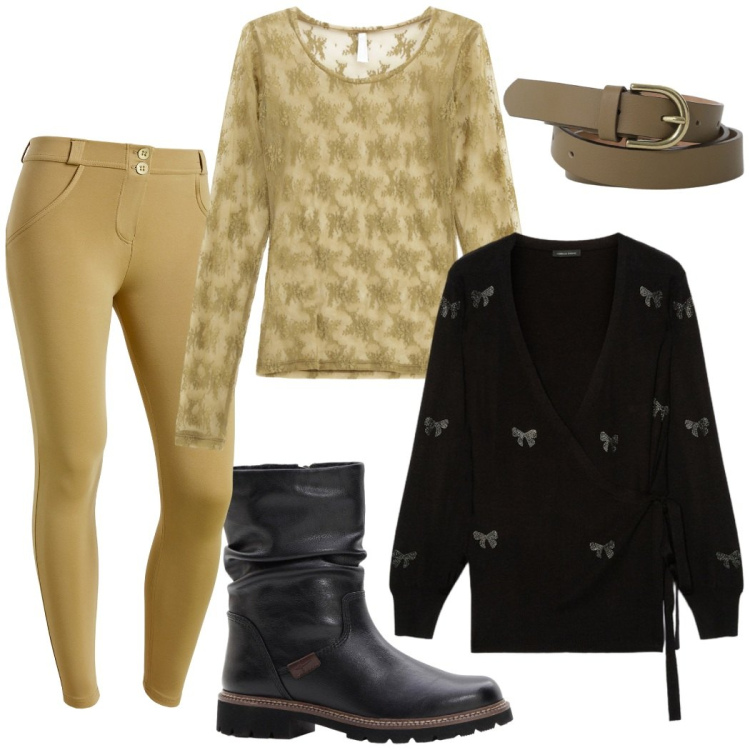 Outfit donna - Autunno in città. Stile Casual chic per Tutti i giorni. Abbinamento con stivali, cinture, maglieria, pantaloni skinny, cardigans.