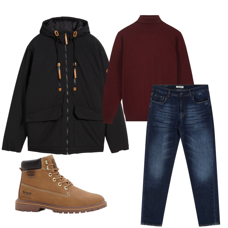 Outfit uomo - Total look #2269868. Stile Urban per Tutti i giorni. Abbinamento con stivali e stivaletti, piumini, jeans dritti, maglieria.