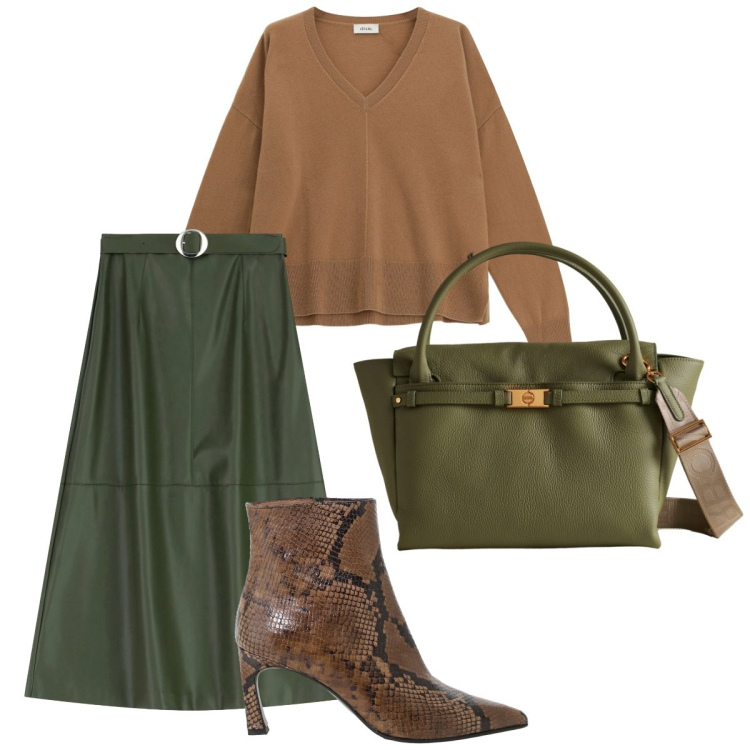 Outfit donna - Semplice in due colori. Stile Basic per Ufficio. Abbinamento con gonne lunghe, maglieria, stivaletti, borse a mano.