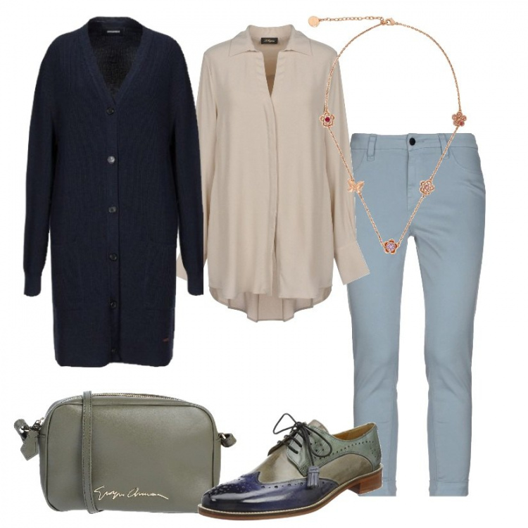 Outfit donna - Sobria con classe. Stile Basic per Tutti i giorni. Abbinamento con maglioncino multicolore, camicia, pantalone, borsa a tracolla, scarpe stringate, collana multicolore.