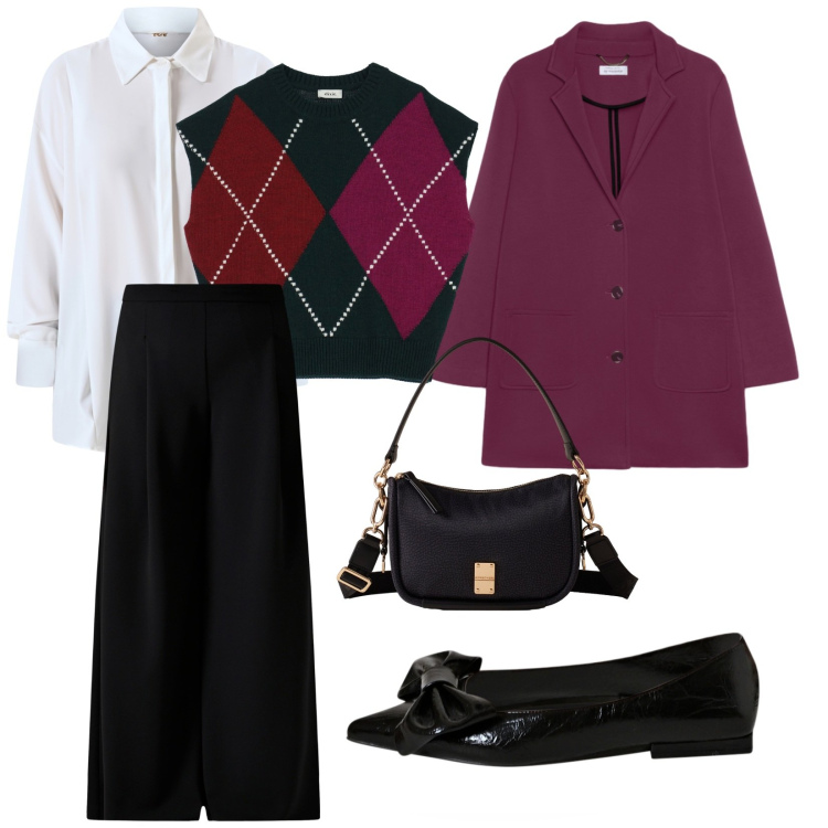 Outfit donna - Gilet con i rombi. per Tutti i giorni. Abbinamento con borse a spalla, pantaloni a palazzo, ballerine, camicie, gilet, cappotti.