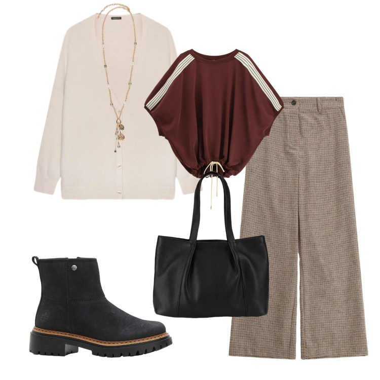 Outfit donna - Total look #2269880. Stile Casual per Tutti i giorni. Abbinamento con shopping bag, stivaletti, pantaloni a palazzo, bluse, ciondoli, cardigans.