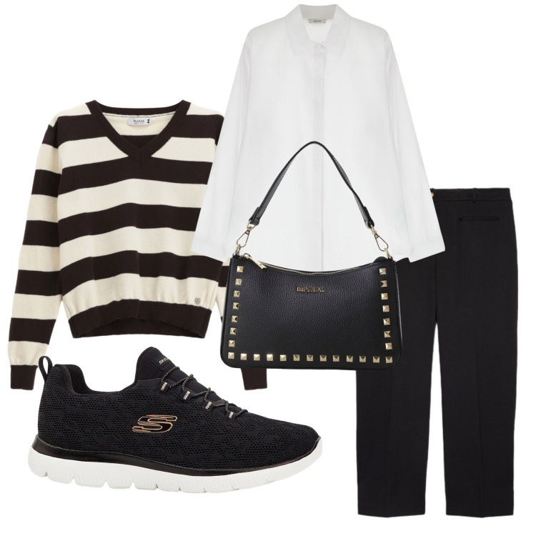 Outfit donna - Total look #2269881. Stile Casual chic per Tutti i giorni. Abbinamento con sneakers, maglieria, camicie, pochette, pantaloni.