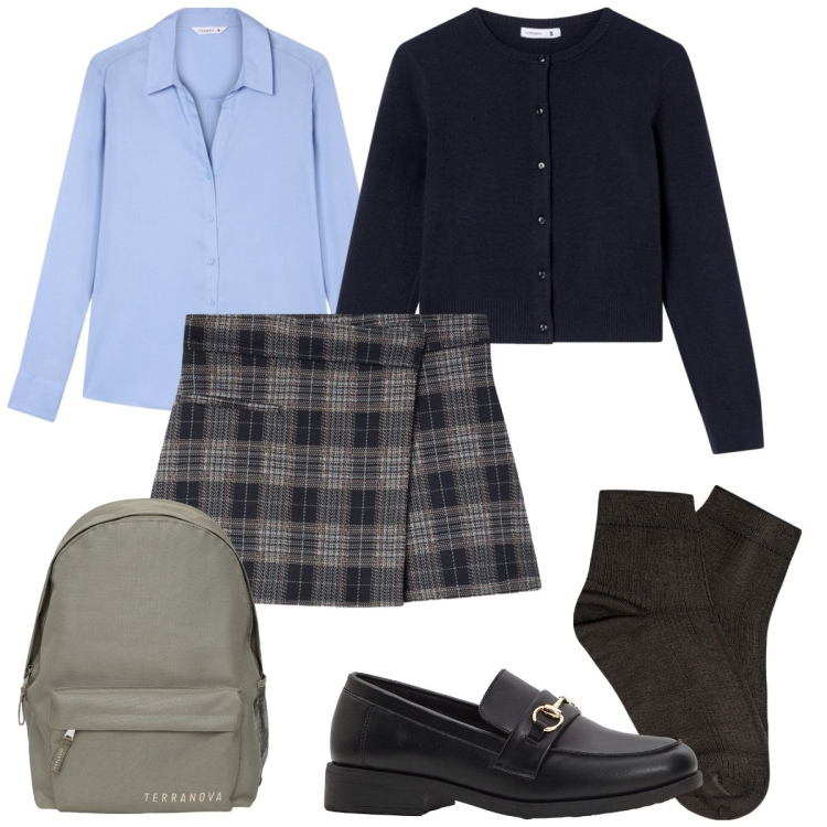 Outfit donna - Scuola. Stile Basic per Scuola/Università. Abbinamento con mocassini, minigonne, zaini, camicie, cardigans, collant.
